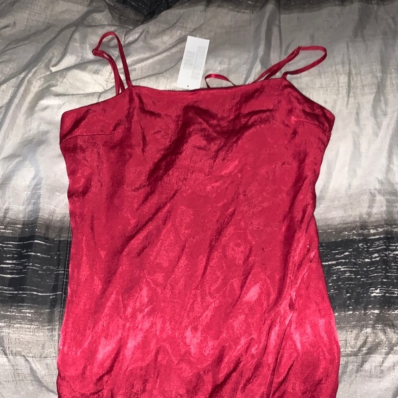 Satin Red Mini Dress with Thigh Slit - Picture 2 of 4